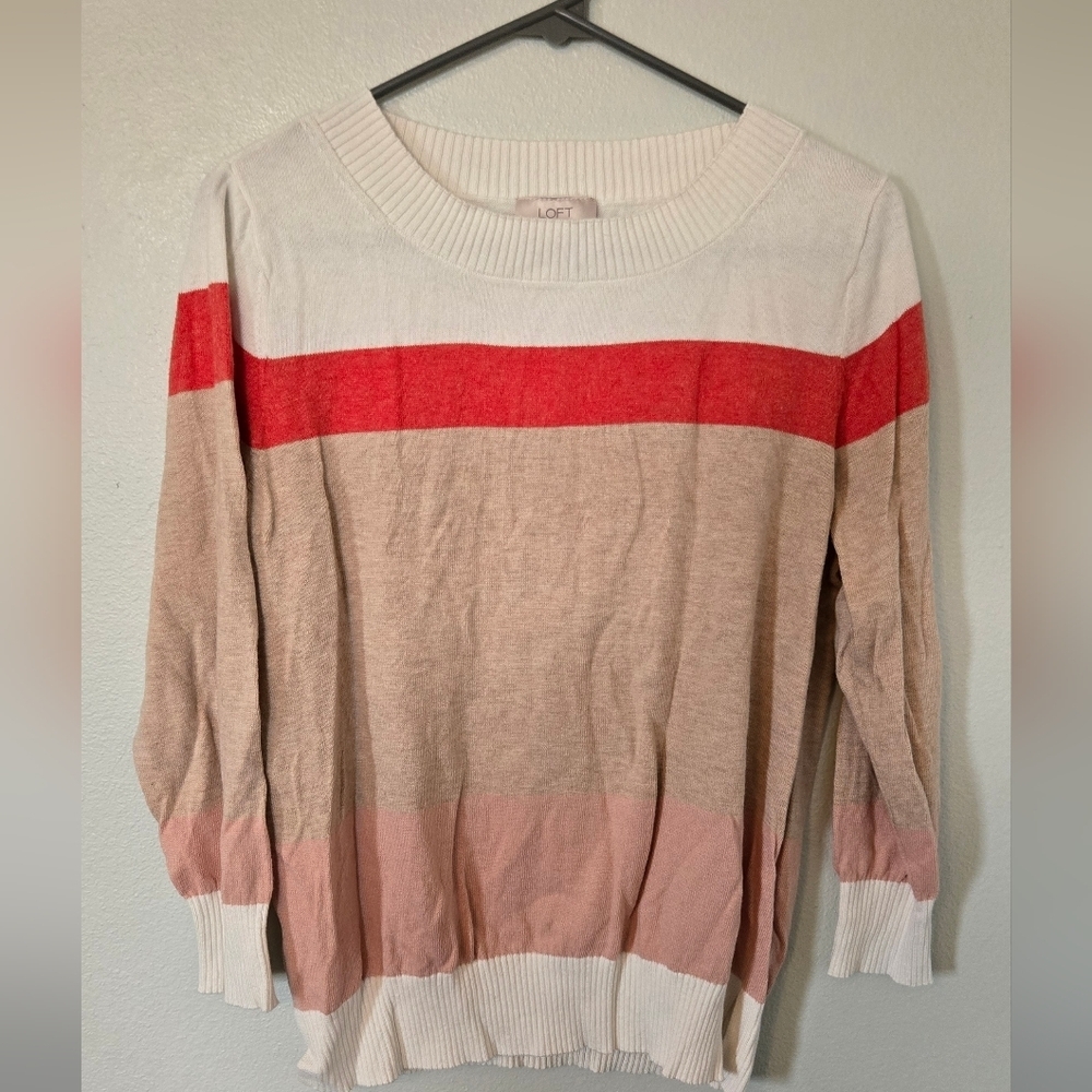 Loft White and Pink Striped Sweater Size Large
